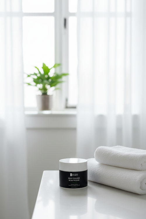 Bathroom counter with plant in window