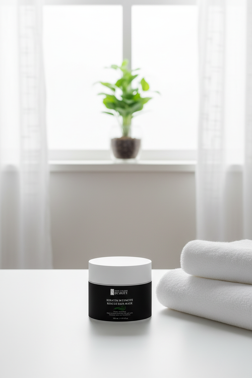 Bathroom counter with plant in window