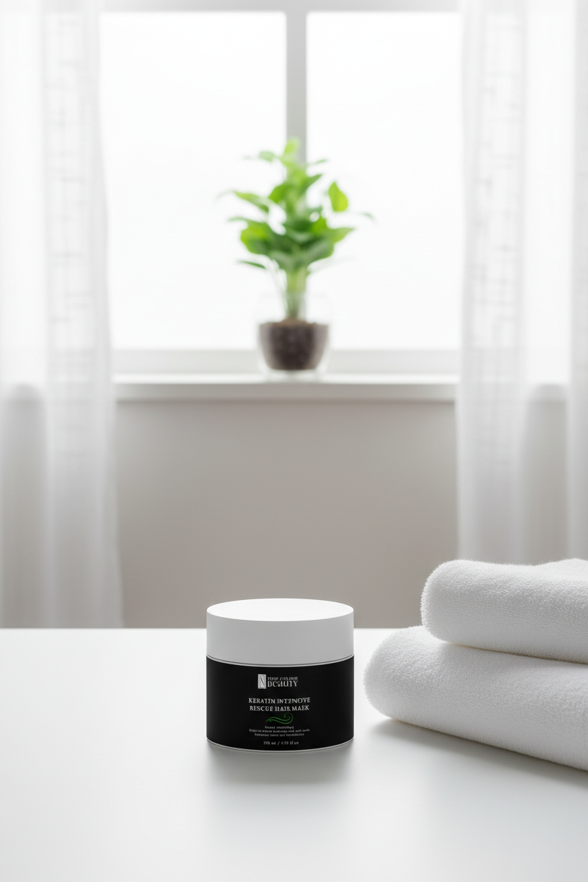 Bathroom counter with plant in window