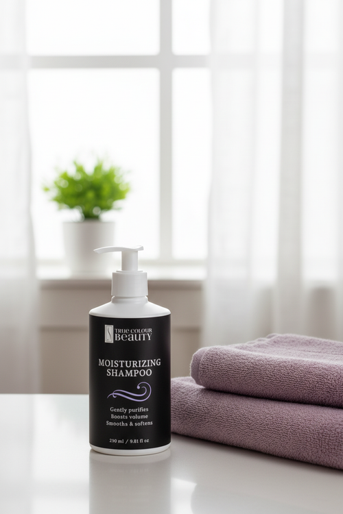 Bathroom counter with purple towels