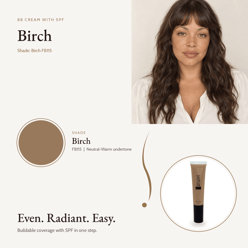 BB Cream with SPF in Birch FB115, neutral-warm undertone, with model