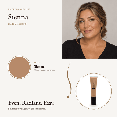 BB Cream with SPF in Sienna FB110, warm undertone, with model