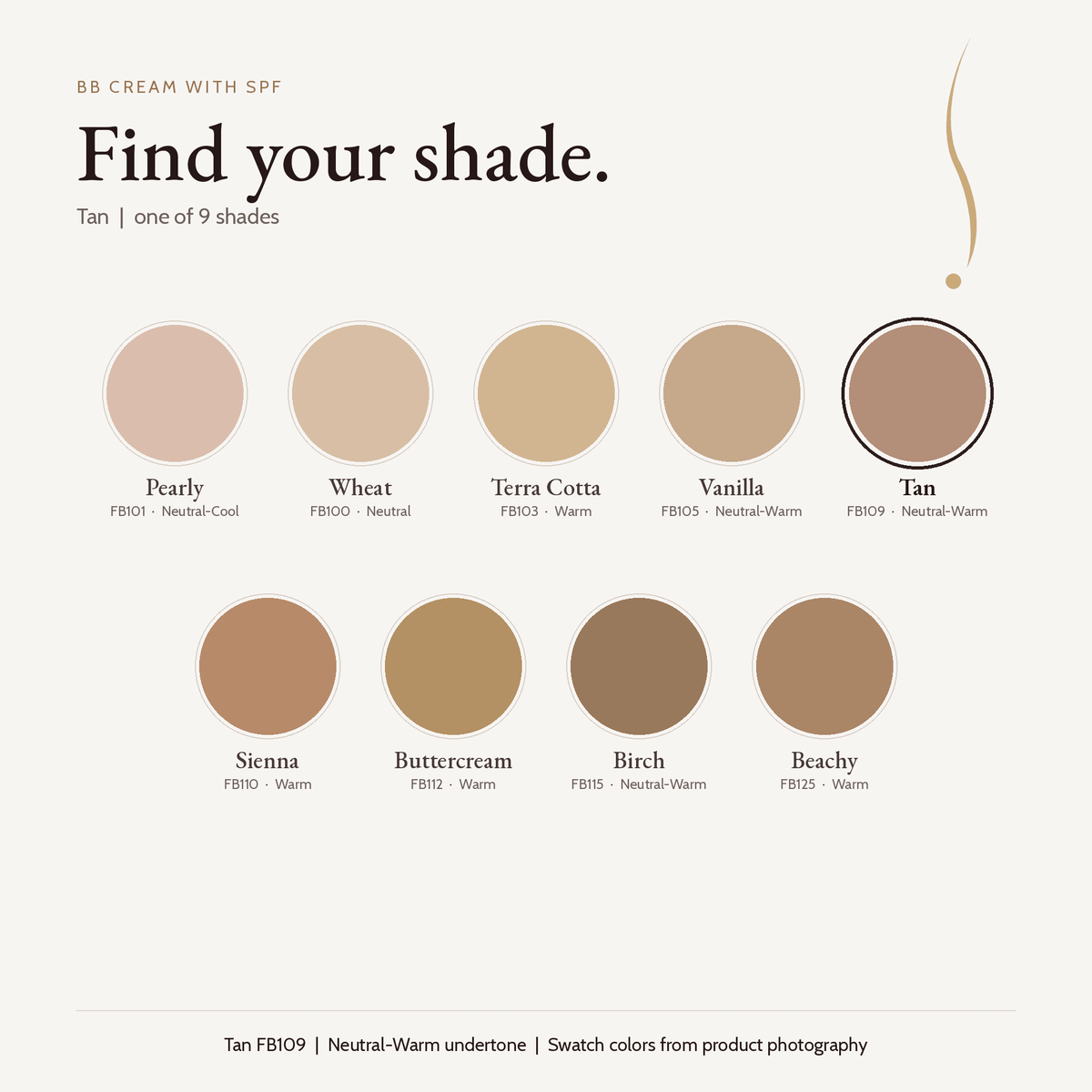 BB Cream with SPF shade chart with Tan FB109 selected