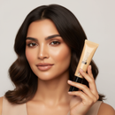 Woman holding a tube of foundation against a neutral background