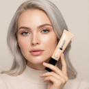 Woman holding a skincare product with a neutral background