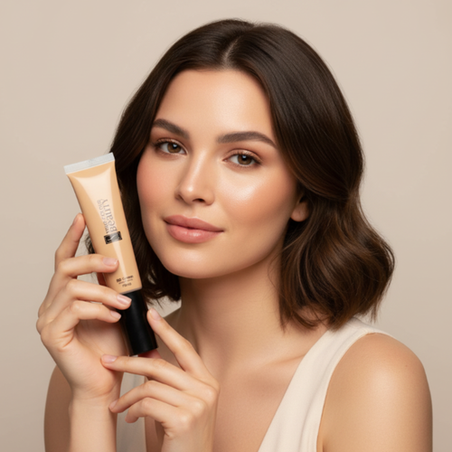 Woman holding a cosmetic tube against a neutral background