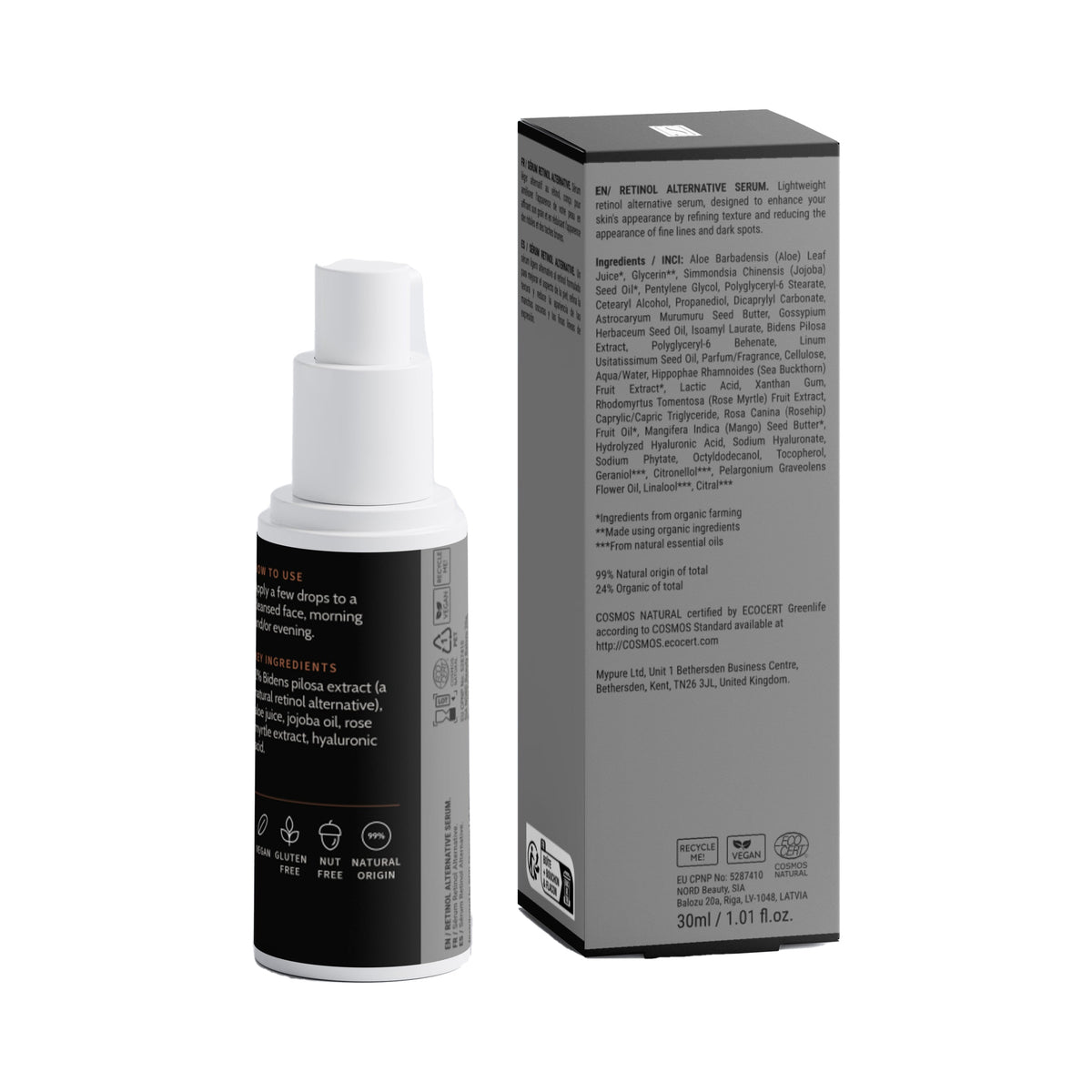 Retinol Alternative Serum, bottle and box, back view with ingredients and directions