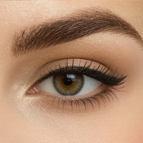 Close-up of a brown eye with well-groomed eyebrow