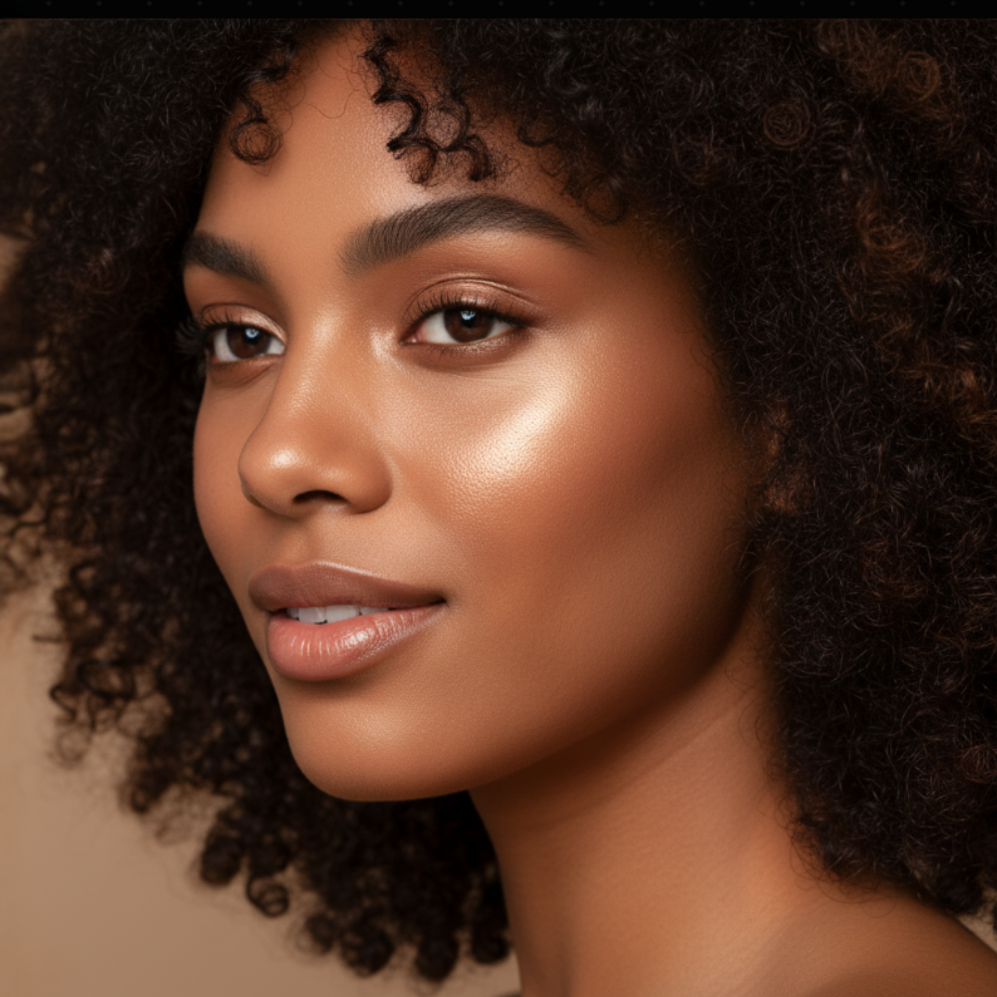 Close-up of a woman with curly hair against a neutral background