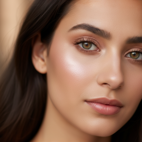 Close-up of a woman's face with a soft focus on her eyes and nose.
