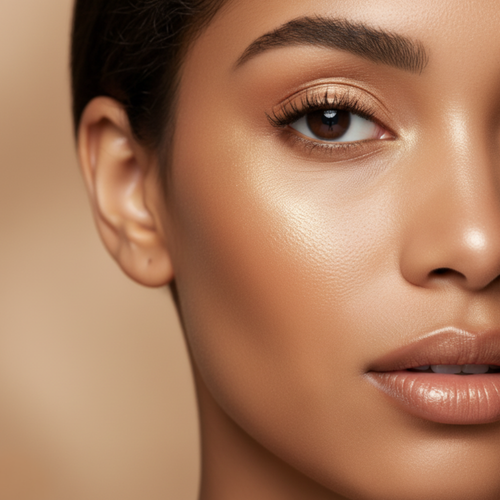 Close-up of a woman's face with a neutral background