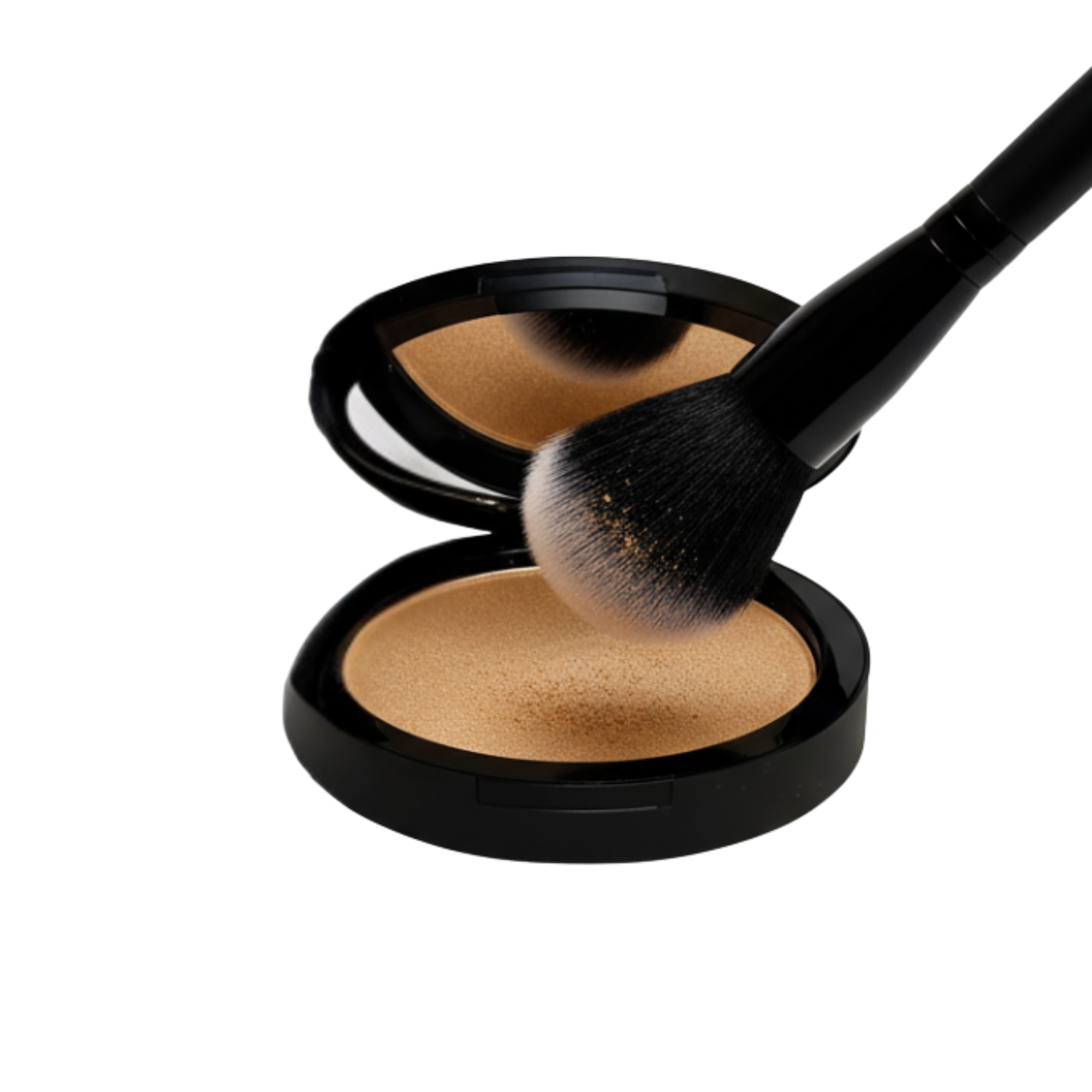 Makeup compact with a brush on a white background