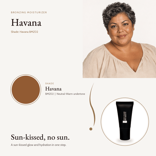 Bronzing Moisturizer Havana shade swatch with model