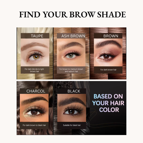 Brow color chart with eye images and color names for different hair tones.