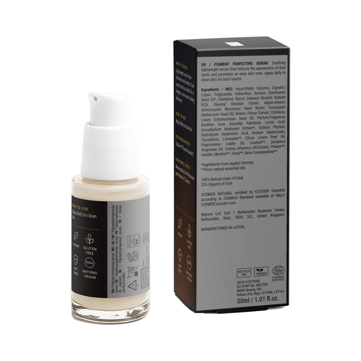 Pigment Balancing Serum, bottle and box, back view with ingredients and directions