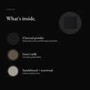 What's inside Charcoal Natural Soap: charcoal powder, goat's milk, sandalwood & rosewood