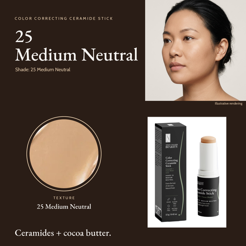 Color Correcting Ceramide Stick 25 Medium Neutral shade, texture swatch and stick