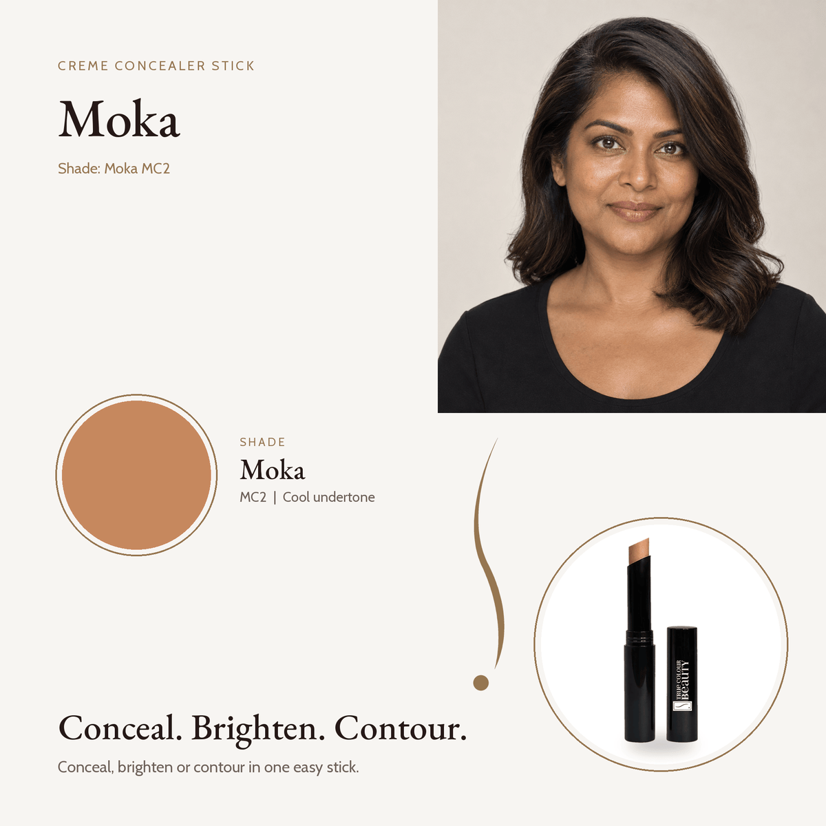 Creme Concealer Stick in Moka MC2, cool undertone, with model