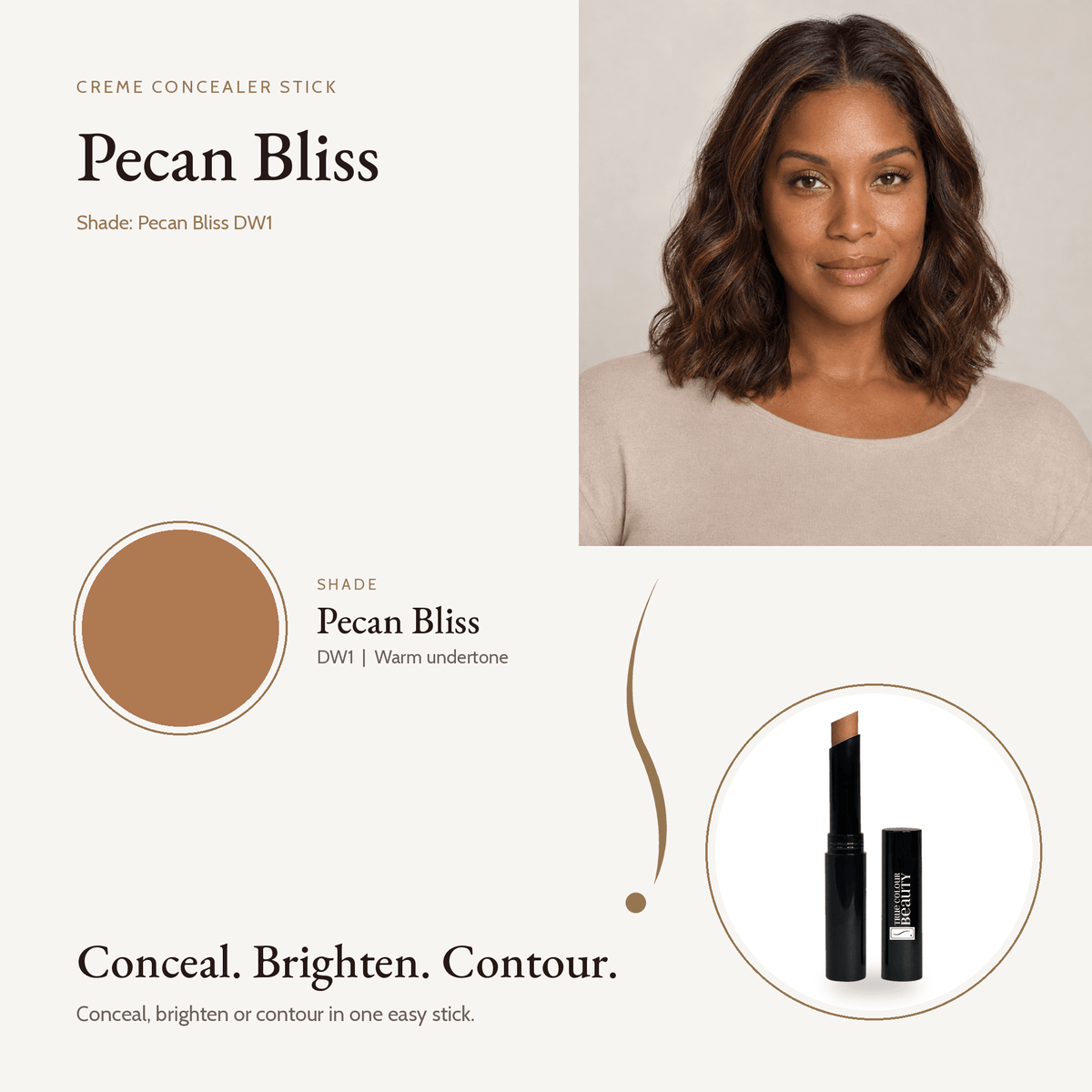 Creme Concealer Stick in Pecan Bliss DW1, warm undertone, with model