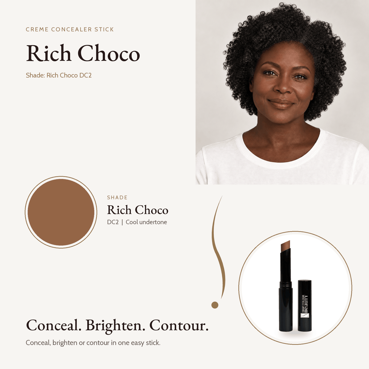 Creme Concealer Stick in Rich Choco DC2, cool undertone, with model