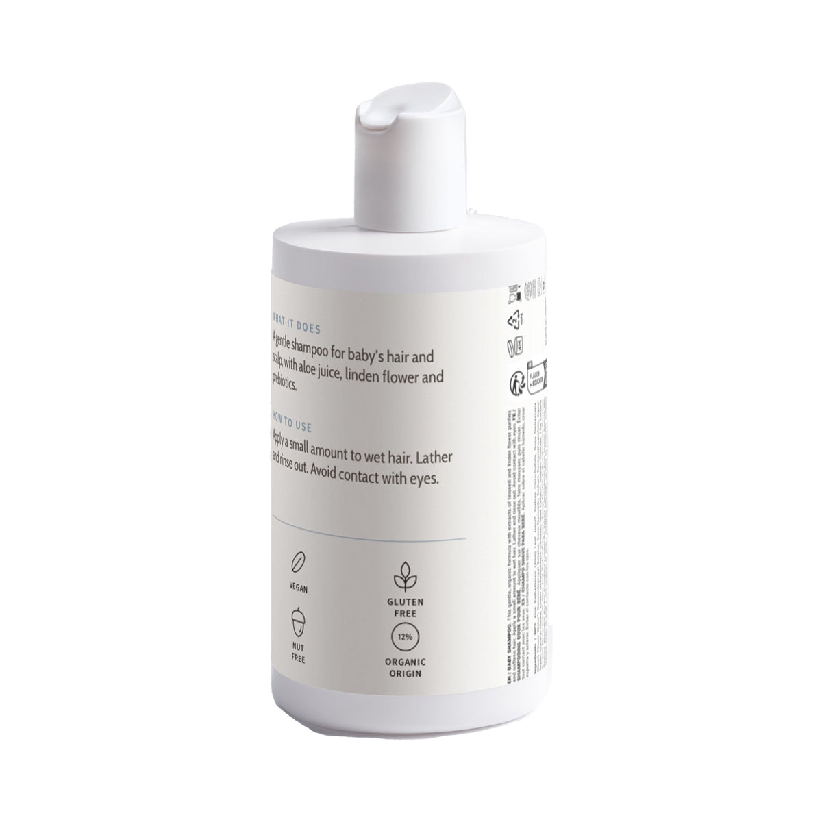 Soft Start Baby Shampoo bottle, back label with ingredients and directions