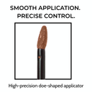 Makeup brush with doe-shaped tip on a white background, text 'Smooth Application. Precise Control.'