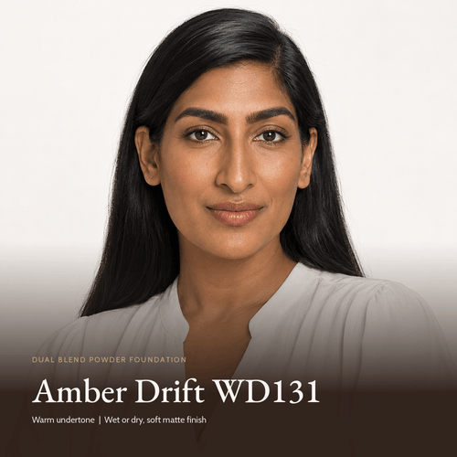 Model wearing Dual Blend Powder Foundation in Amber Drift WD131