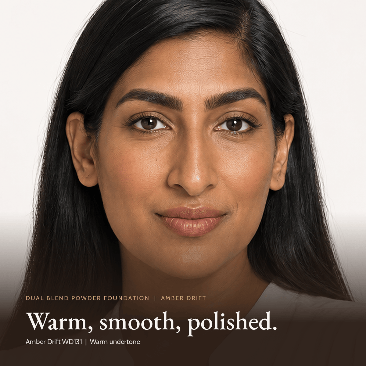 Close-up of model wearing Dual Blend Powder Foundation in Amber Drift