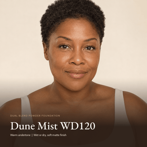 Model wearing Dual Blend Powder Foundation in Dune Mist WD120