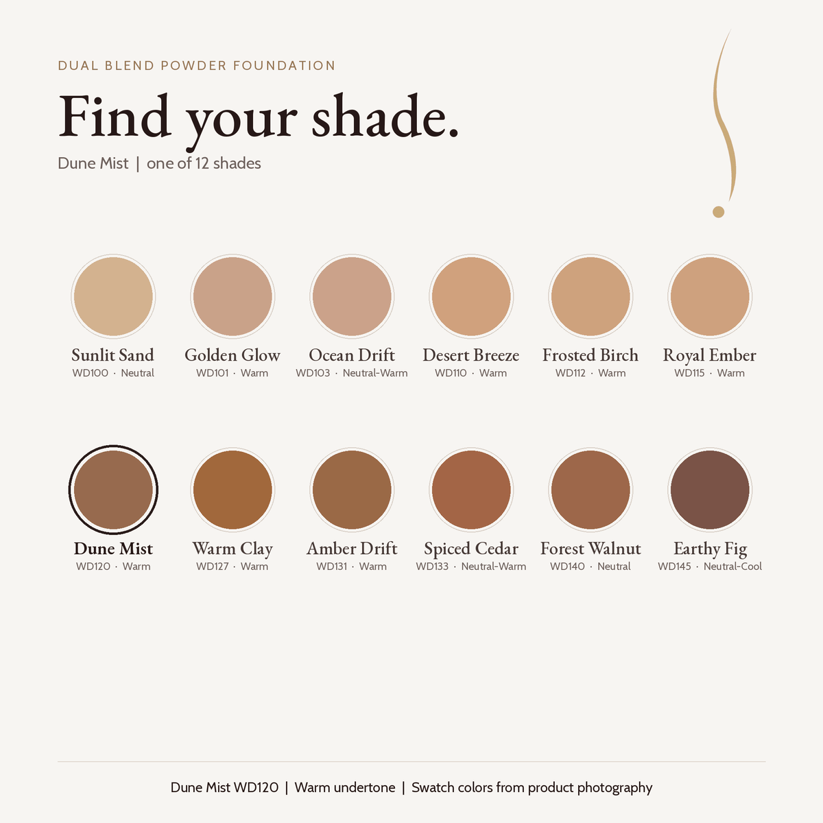 Dual Blend Powder Foundation shade chart with Dune Mist WD120 selected