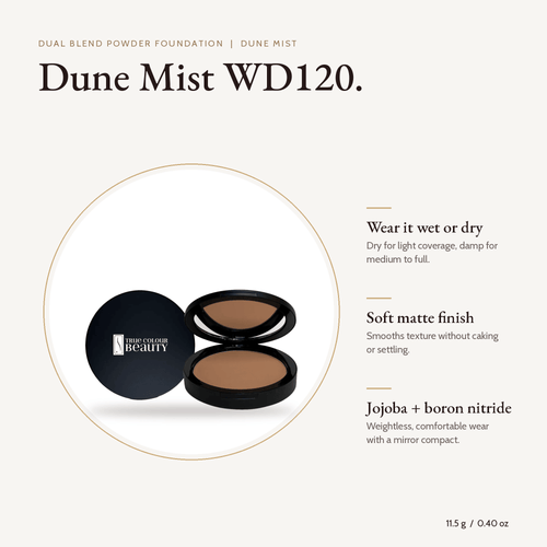 Dual Blend Powder Foundation Dune Mist WD120 compact, 11.5 g, with key benefits