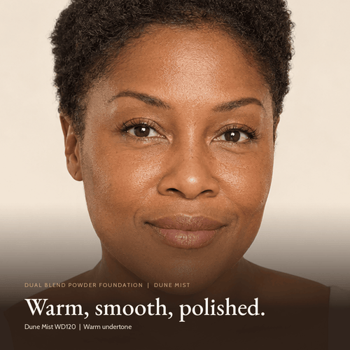 Close-up of model wearing Dual Blend Powder Foundation in Dune Mist