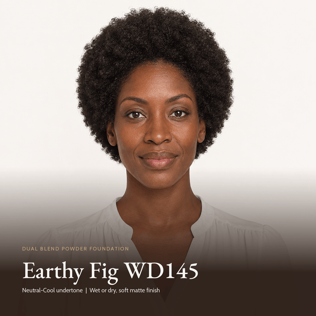 Model wearing Dual Blend Powder Foundation in Earthy Fig WD145