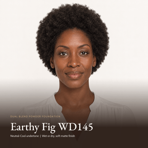 Model wearing Dual Blend Powder Foundation in Earthy Fig WD145