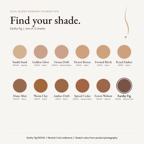 Dual Blend Powder Foundation shade chart with Earthy Fig WD145 selected