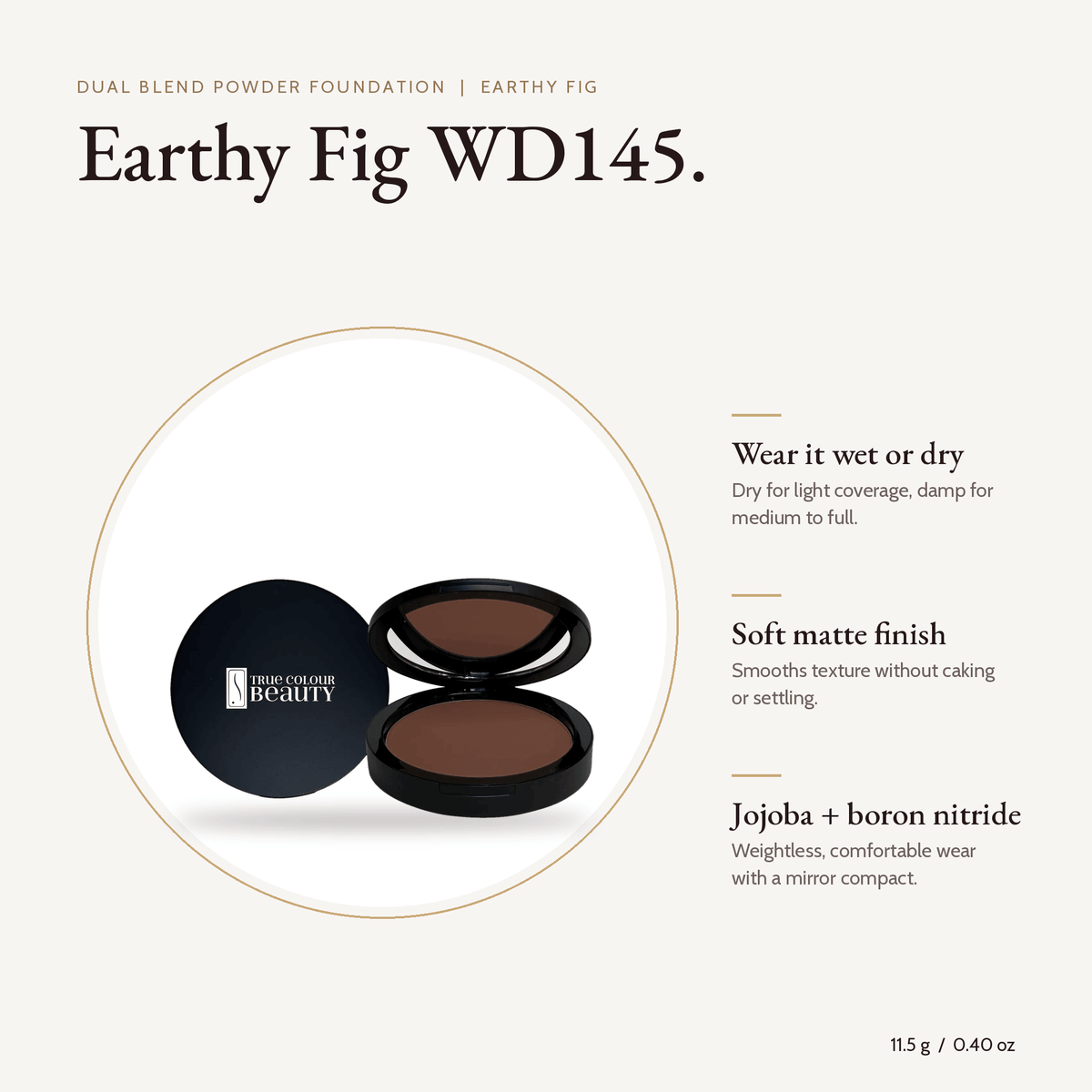 Dual Blend Powder Foundation Earthy Fig WD145 compact, 11.5 g, with key benefits