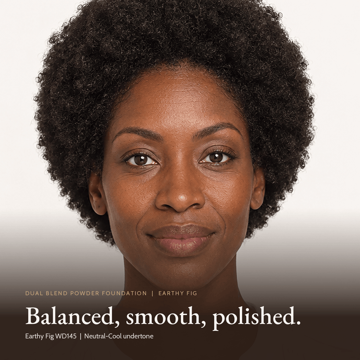 Close-up of model wearing Dual Blend Powder Foundation in Earthy Fig