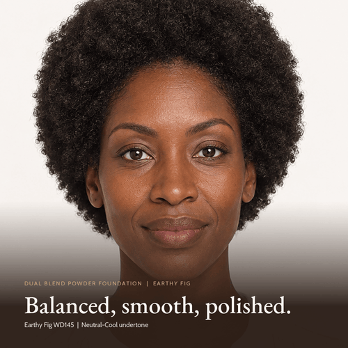 Close-up of model wearing Dual Blend Powder Foundation in Earthy Fig