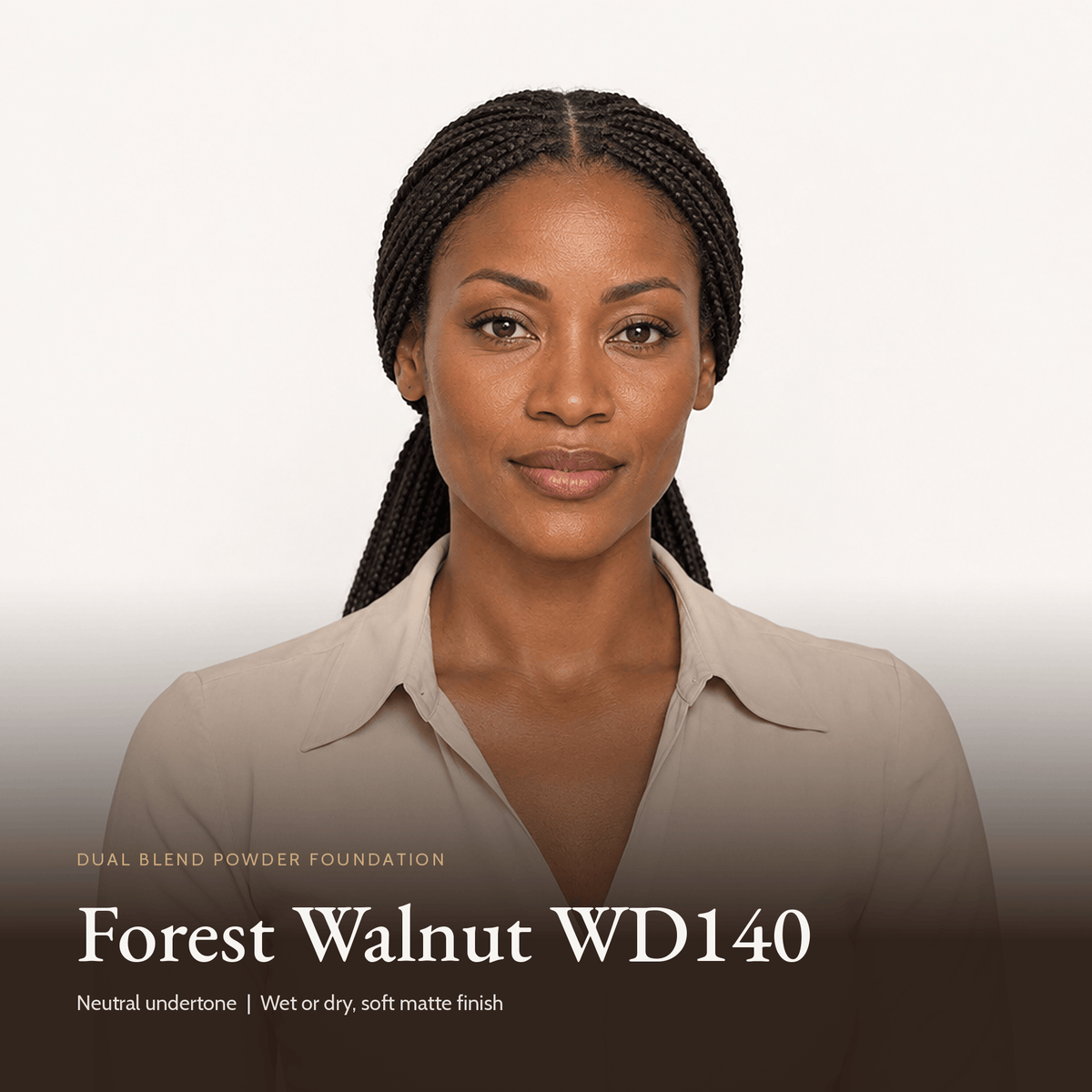Model wearing Dual Blend Powder Foundation in Forest Walnut WD140
