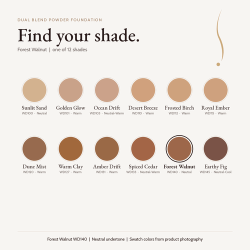 Dual Blend Powder Foundation shade chart with Forest Walnut WD140 selected