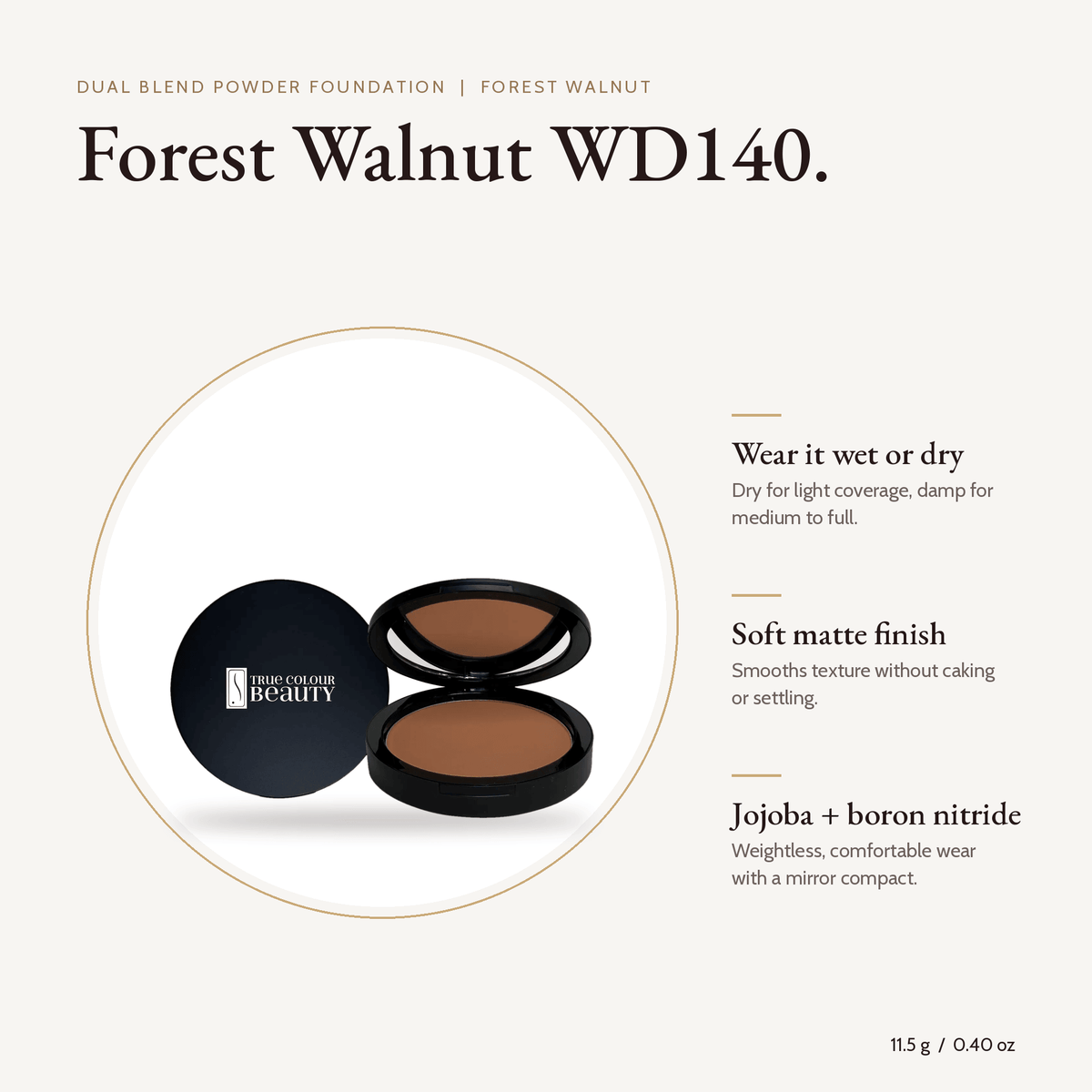 Dual Blend Powder Foundation Forest Walnut WD140 compact, 11.5 g, with key benefits