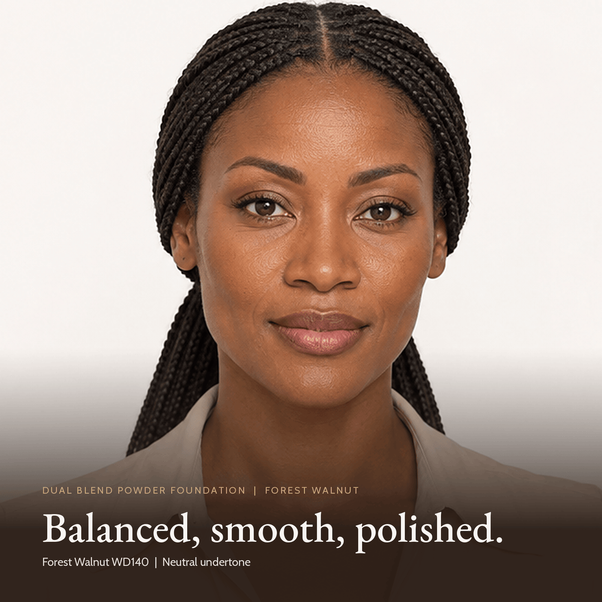 Close-up of model wearing Dual Blend Powder Foundation in Forest Walnut