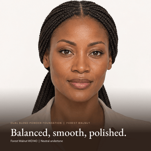 Close-up of model wearing Dual Blend Powder Foundation in Forest Walnut