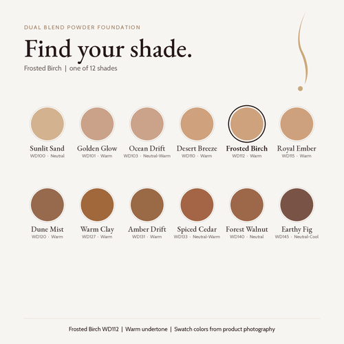 Dual Blend Powder Foundation shade chart with Frosted Birch WD112 selected