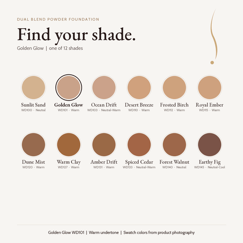 Dual Blend Powder Foundation shade chart with Golden Glow WD101 selected