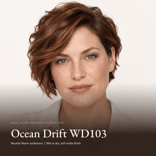 Model wearing Dual Blend Powder Foundation in Ocean Drift WD103