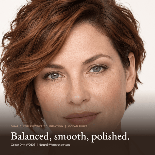 Close-up of model wearing Dual Blend Powder Foundation in Ocean Drift