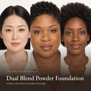 Three models wearing Dual Blend Powder Foundation in light, medium and deep shades
