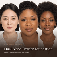 Three models wearing Dual Blend Powder Foundation in light, medium and deep shades