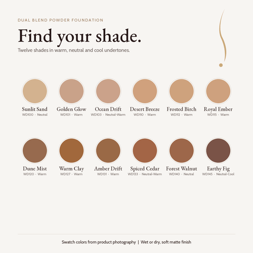 Dual Blend Powder Foundation shade chart, 12 shades